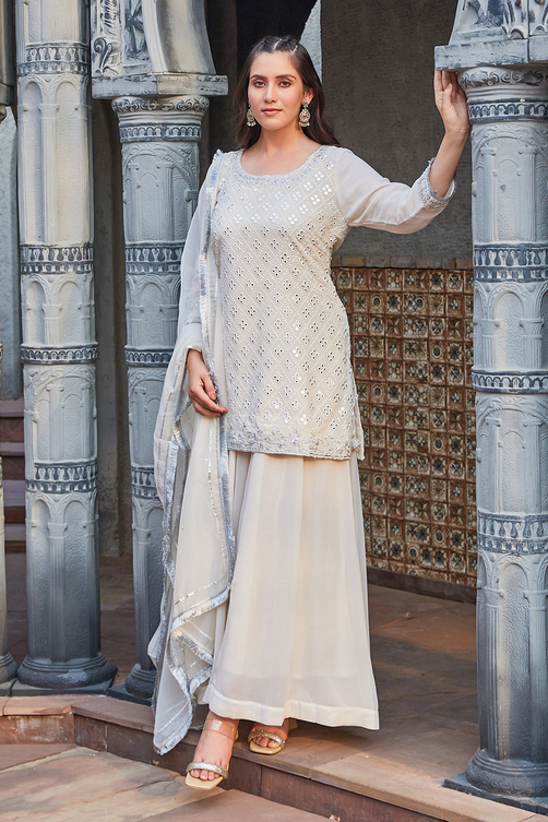 Off White Poly Georgette Straight Suit Set